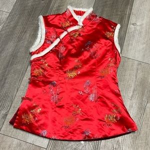 Vintage | Red Gold Embroidered floral Asian inspired Vest quilted asymmetrical
